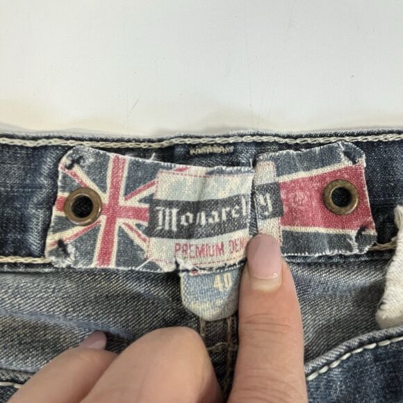 Monarchy Jeans Y2K Mens Size 40 Blue Distressed BootCut Jeans Embroidered Pocket - Picture 3 of 9